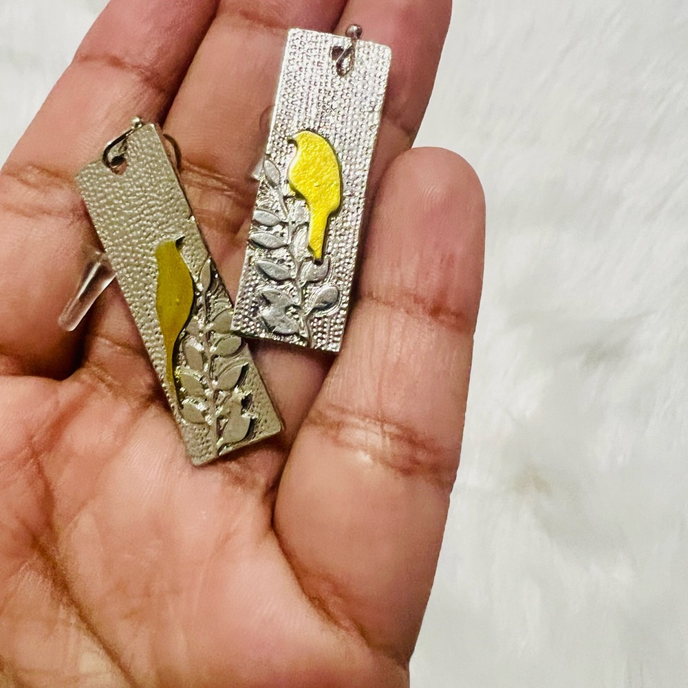 Silver Rectangular Bird Pendant Earrings with Yellow Enamel Accent